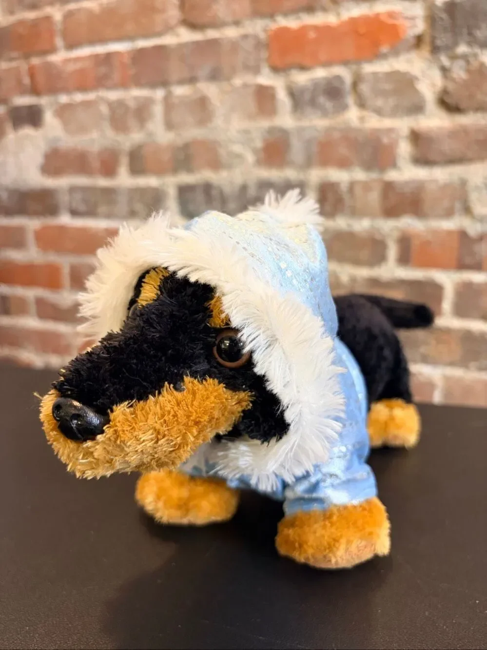 Dachshund Dog Black/Brown Blue Fur-Lined Hood 12” Plushie Aurora